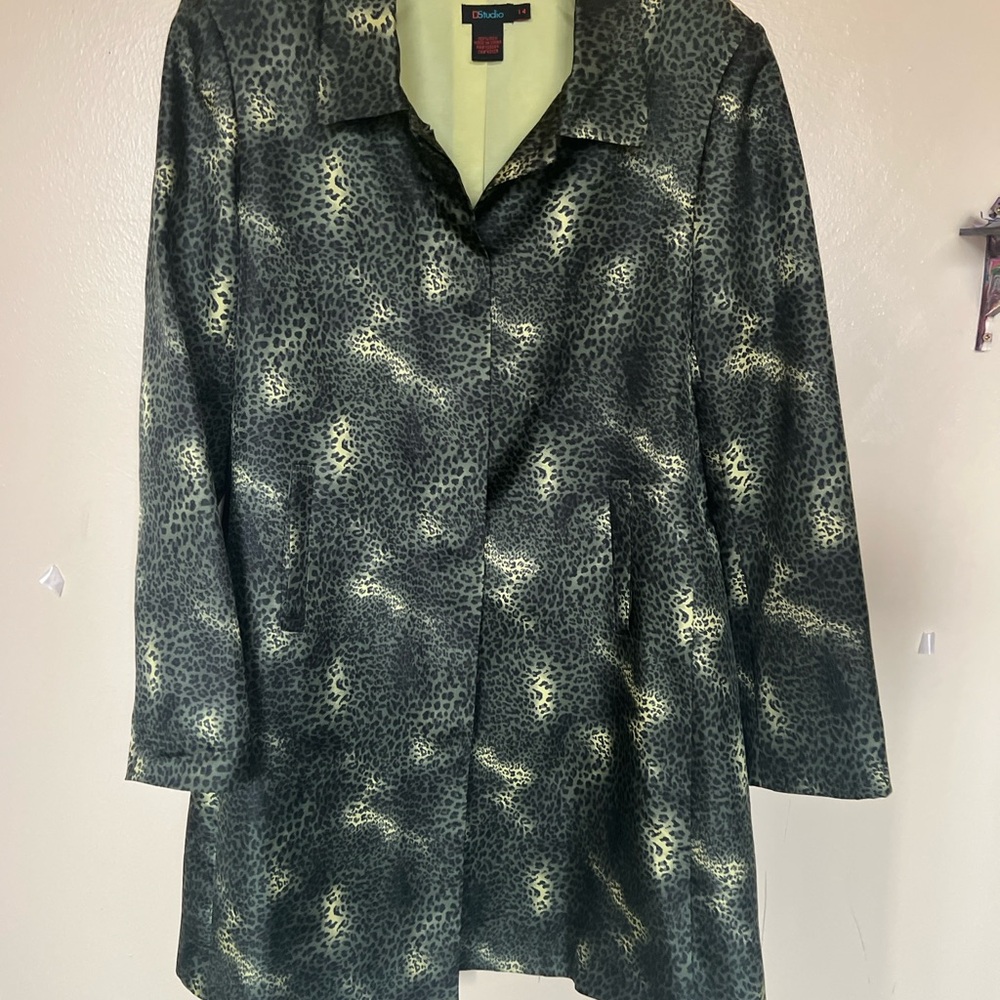 D Studio Jacket Midi 100% Silk Women’s Size 14 Green Black 100% Silk Pockets LS - Picture 2 of 5
